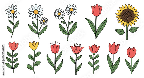 Whimsical Floral Vector Collection Featuring Daisies, Tulips, and Sunflowers for Creative Design Projects and Spring-Themed Illustrations.