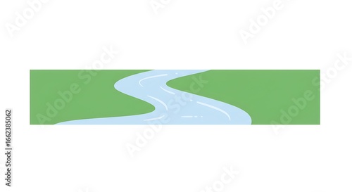 Minimalist vector illustration of a serene blue river winding its way through a vast green meadow, a simple concept of nature's path and journey
