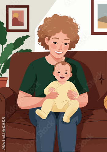 Mother holding baby sitting on brown sofa in cozy living room smiling with curly hair and casual wear warm family moment