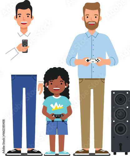 Diverse family playing video games with controllers and speaker in casual home entertainment setting vector illustration