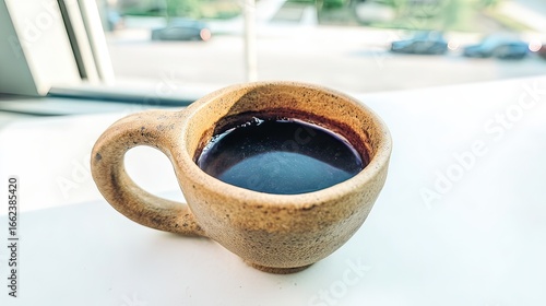 Fototapeta Naklejka Na Ścianę i Meble -  A small, rustic, tan ceramic cup filled with dark coffee sits on a white surface near a window with a blurred city street view