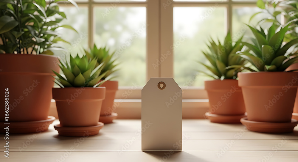 Fototapeta premium Minimalist plant display with a blank tag on a sunlit window sill indoor space
