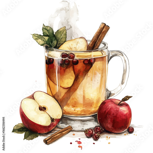 watercolor vector of Apple Cider Mug Steam, isolated on a white background.