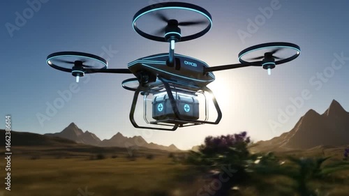 Futuristic Medical Drone Delivering Aid in a Desert Landscape at Sunset, Advanced Technology