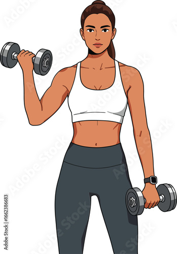 Woman lifting dumbbells exercising strength training fitness workout healthy lifestyle vector illustration