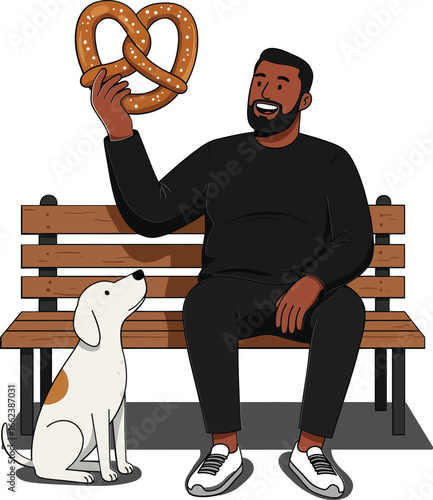 Man holding large pretzel sitting on park bench with dog looking up happy pet snack vector illustration