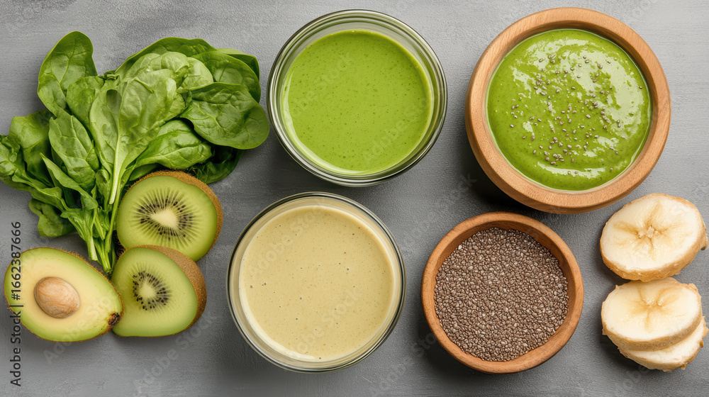 Obraz premium Fresh smoothie ingredients arranged beautifully, featuring green smoothies, fruits, and seeds