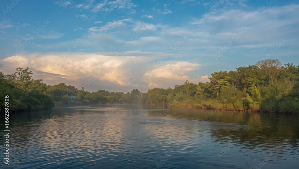 Obraz premium Calm river reflecting the sky with clouds and trees lining the banks in a scenic landscape view