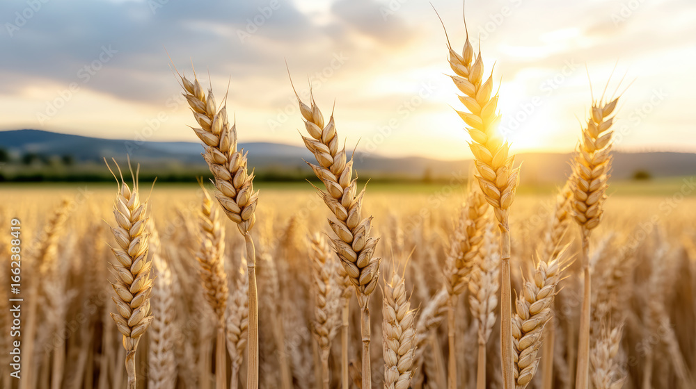 Fototapeta premium Golden wheat fields glowing under sunset, creating serene atmosphere