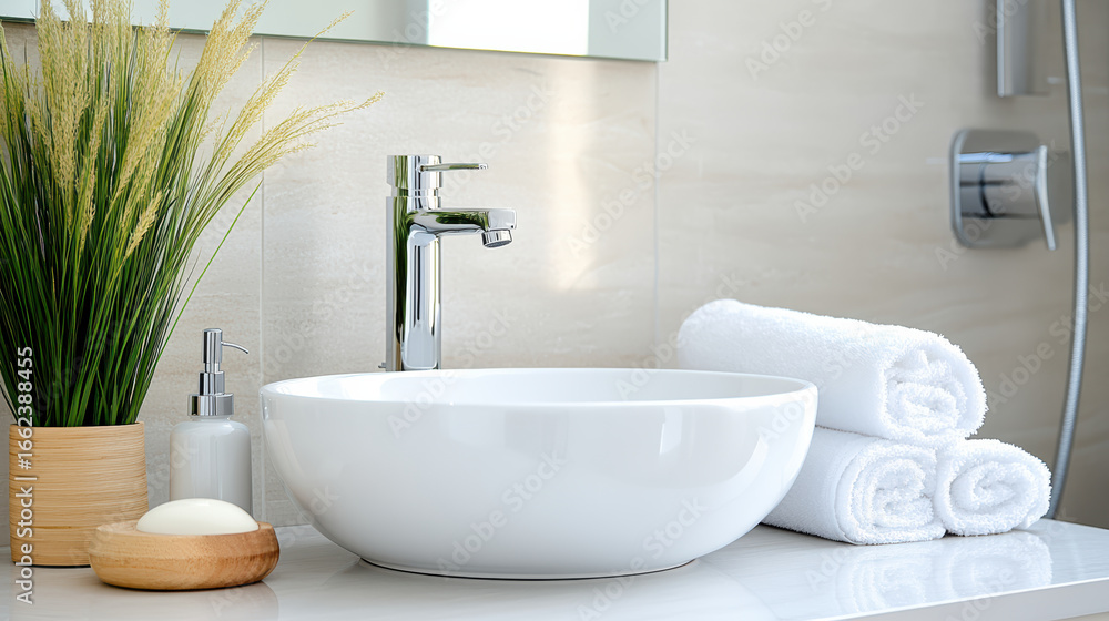Fototapeta premium Modern bathroom scene featuring white ceramic sink with sleek silver faucet, surrounded by