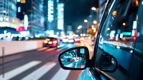 a car's side view mirror on the side of a city street at night 4k video