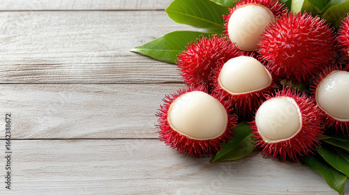 Fresh rambutan fruit with hairy skin and white flesh on wooden background