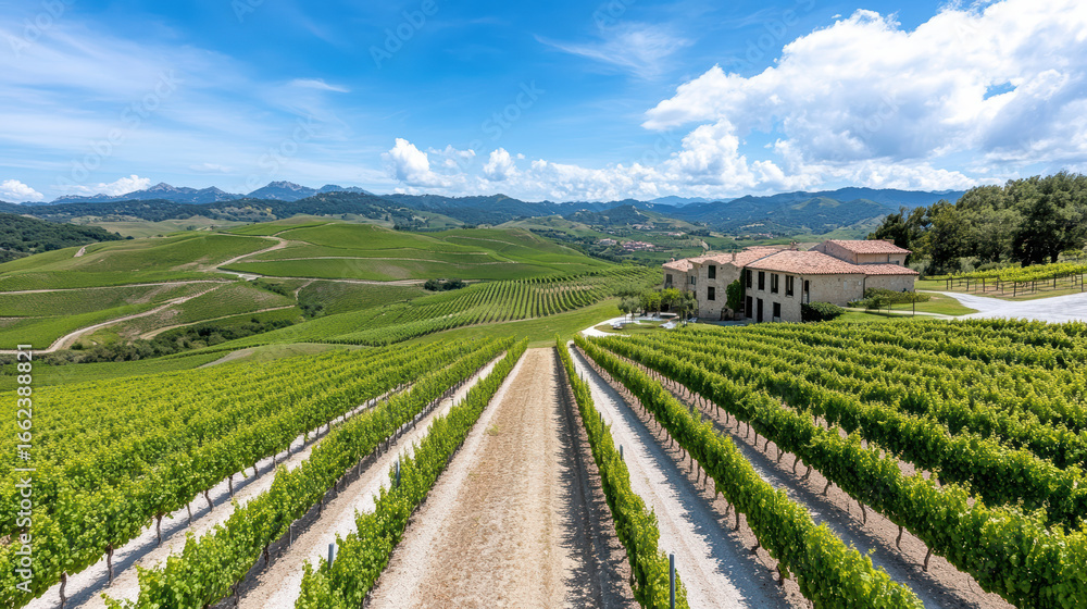 Fototapeta premium Lush vineyard landscape with rolling hills and rustic home under bright blue sky