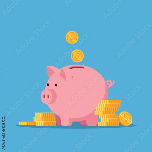 Pink piggy bank with gold coins being dropped into it and stacked around it.