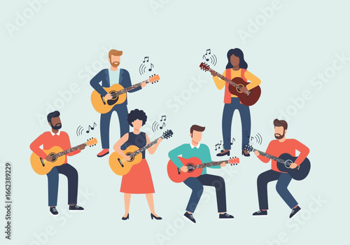 A diverse group of men and women happily playing acoustic guitars and making music together.