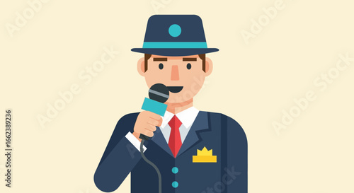 Flat design illustration of a male reporter or speaker holding a microphone, wearing a suit and fedora.