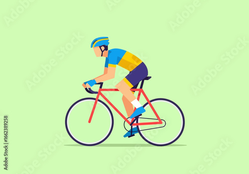 Illustration of a male cyclist riding a red road bike with a helmet and cycling gear.