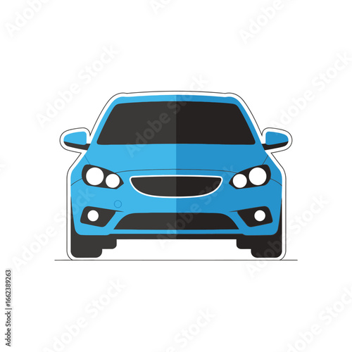 Front view of a blue car with headlights and a bumper on a white background.