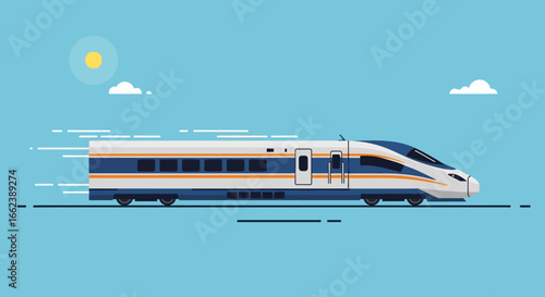 A sleek high-speed train speeding across a landscape under a sunny sky.