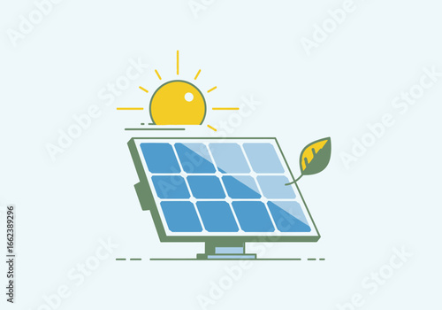 A solar panel illustration with sun and leaf.