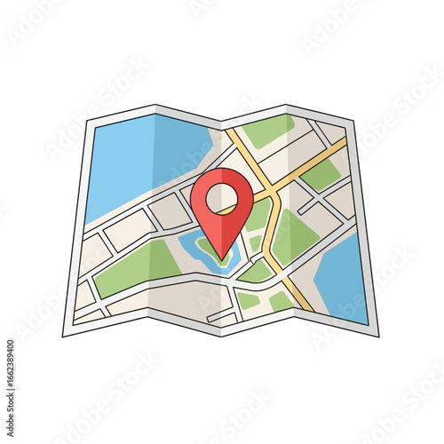 Folded map with red location marker pin showing city streets and water bodies.