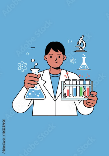 Male scientist in a lab coat holding a flask and test tubes for a chemistry experiment.