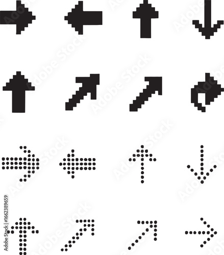 Set of Pixel Arrow Icons – Retro 8-Bit Direction Symbols, Up Down Left Right Navigation Arrows, Digital Pixel Art Icon Pack Isolated on White Background