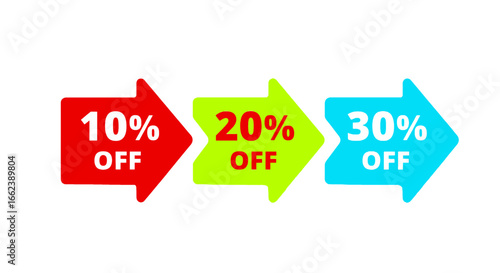 Promotional sale with 10, 20, and 30% off savings, dynamic arrow design points to great discounts, limited time offer, shop now