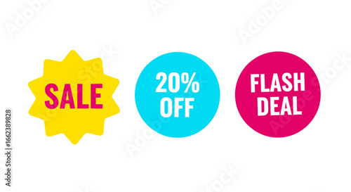 Promotional sale badges offer twenty percent discounts and flash deals for limited time shopping, perfect for marketing campaigns