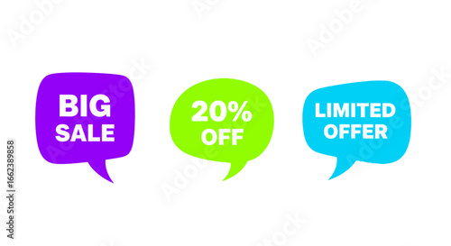 Grab attention with these vibrant sale bubbles announcing a big sale and limited time 20 percent off promotion with catchy designs