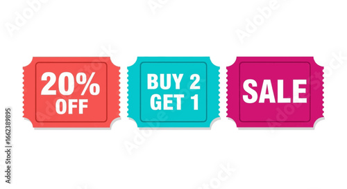 Exciting promotions with 20% off, buy 2 get 1, and sale ticket designs for attracting customers and boosting sales revenue now