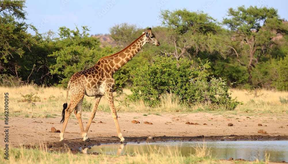 Obraz premium Giraffe by a watering hole in an African savanna.