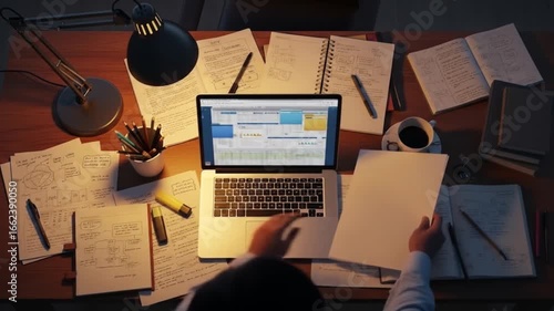 Overworked student studying late at night with laptop, notes, and coffee on a messy desk