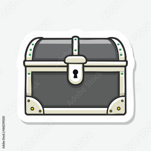 Illustration of a closed treasure chest with a lock, metal corners, and decorative elements.