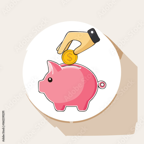 A hand putting a gold coin into a pink piggy bank, representing savings and finance.