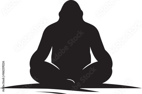 Simple gorilla silhouette sitting cross legged on a horizon line, minimalist composition with negative space and subtle terrain cues