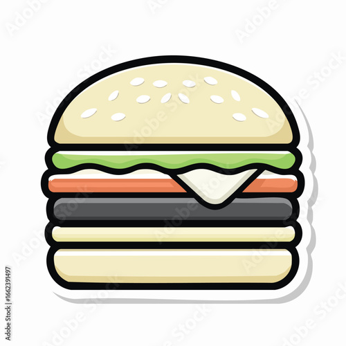 A detailed illustration of a delicious hamburger, featuring layers of ingredients and sesame seeds.