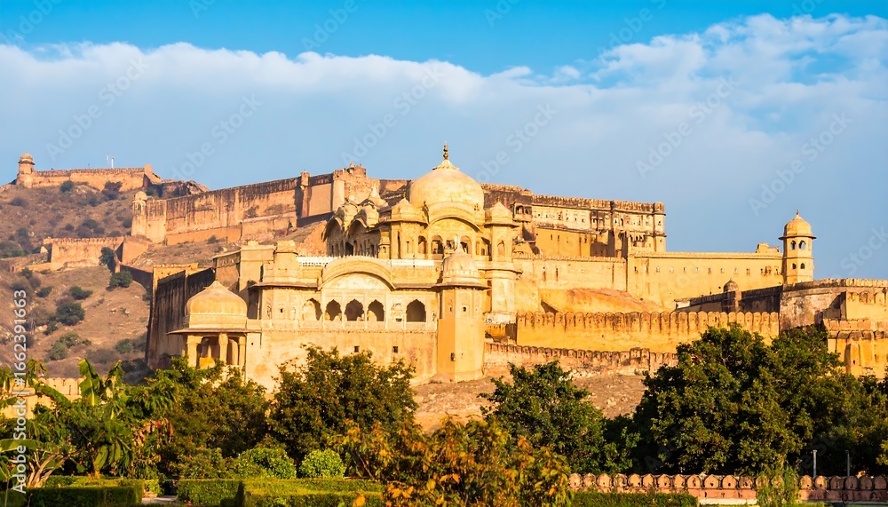 Fototapeta premium Amber Fort, a majestic ancient palace nestled amidst a hilltop landscape.