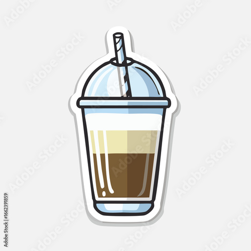 Cartoon illustration of an iced coffee drink in a plastic cup with a straw and lid.