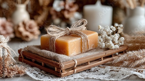 Handmade Soap Set with Candle and Ribbon Decoration