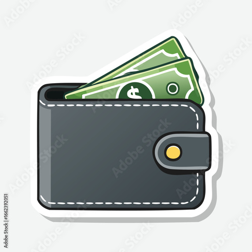 A detailed illustration of a black wallet containing two green dollar bills, representing financial concepts.