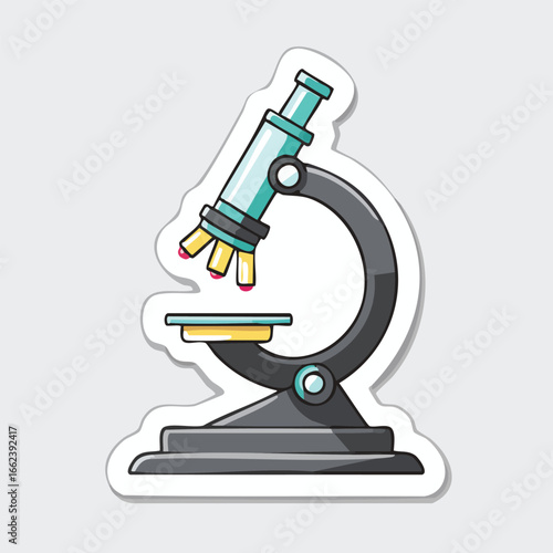 Illustration of a detailed, colorful microscope used for scientific research and educational purposes.