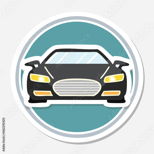 Illustration of a black sports car with a detailed front view design inside a blue circle.