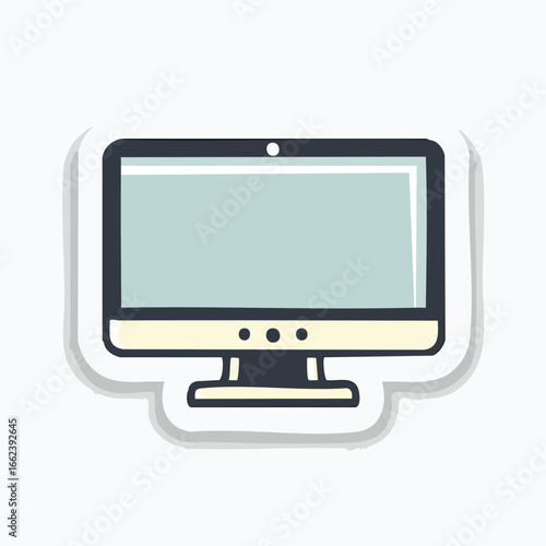 A simple, flat design illustration of a computer monitor with a light blue screen and a white sticker outline.