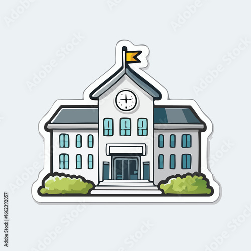 Cartoon illustration of a school building with a clock tower, flag, and bushes.