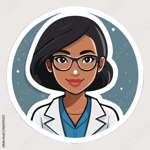 Cartoon illustration of a smiling female scientist wearing glasses and a lab coat, looking confident.
