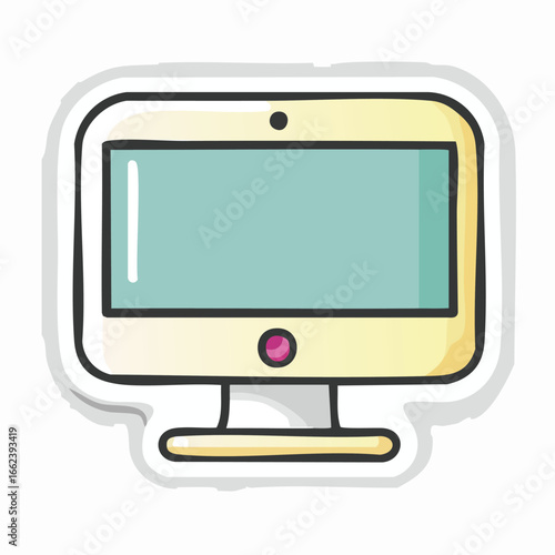 Cartoon illustration of a computer monitor with a green screen and a pink button.