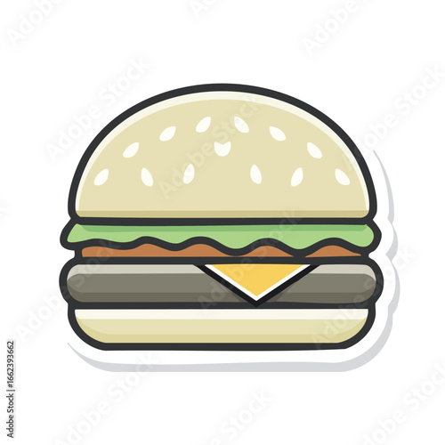A detailed illustration of a delicious burger with sesame seed bun and fresh ingredients.