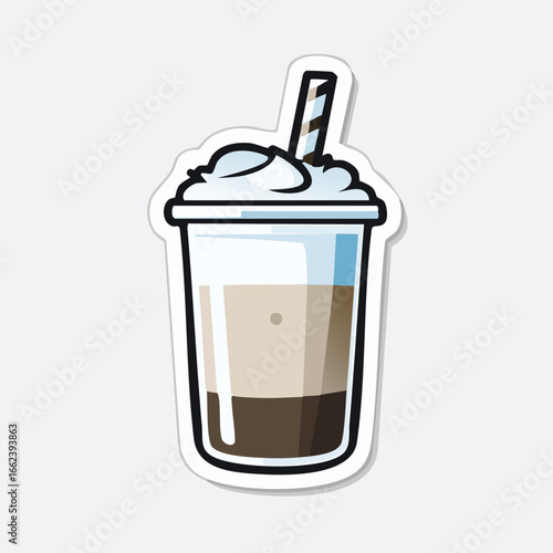 A detailed illustration of an iced coffee drink with whipped cream and a straw.