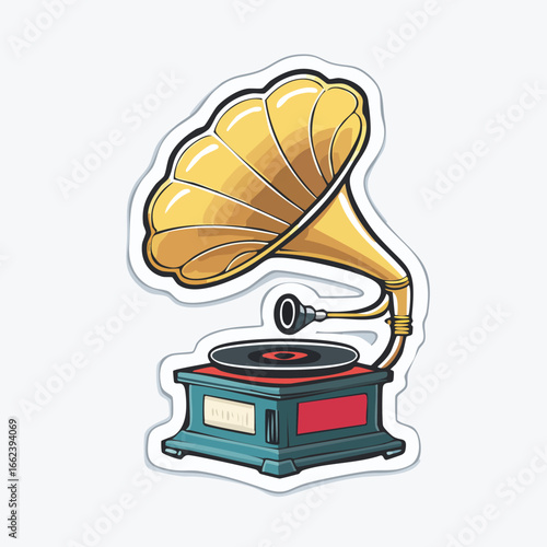 Detailed illustration of a vintage gramophone, showcasing its golden horn and record player design.